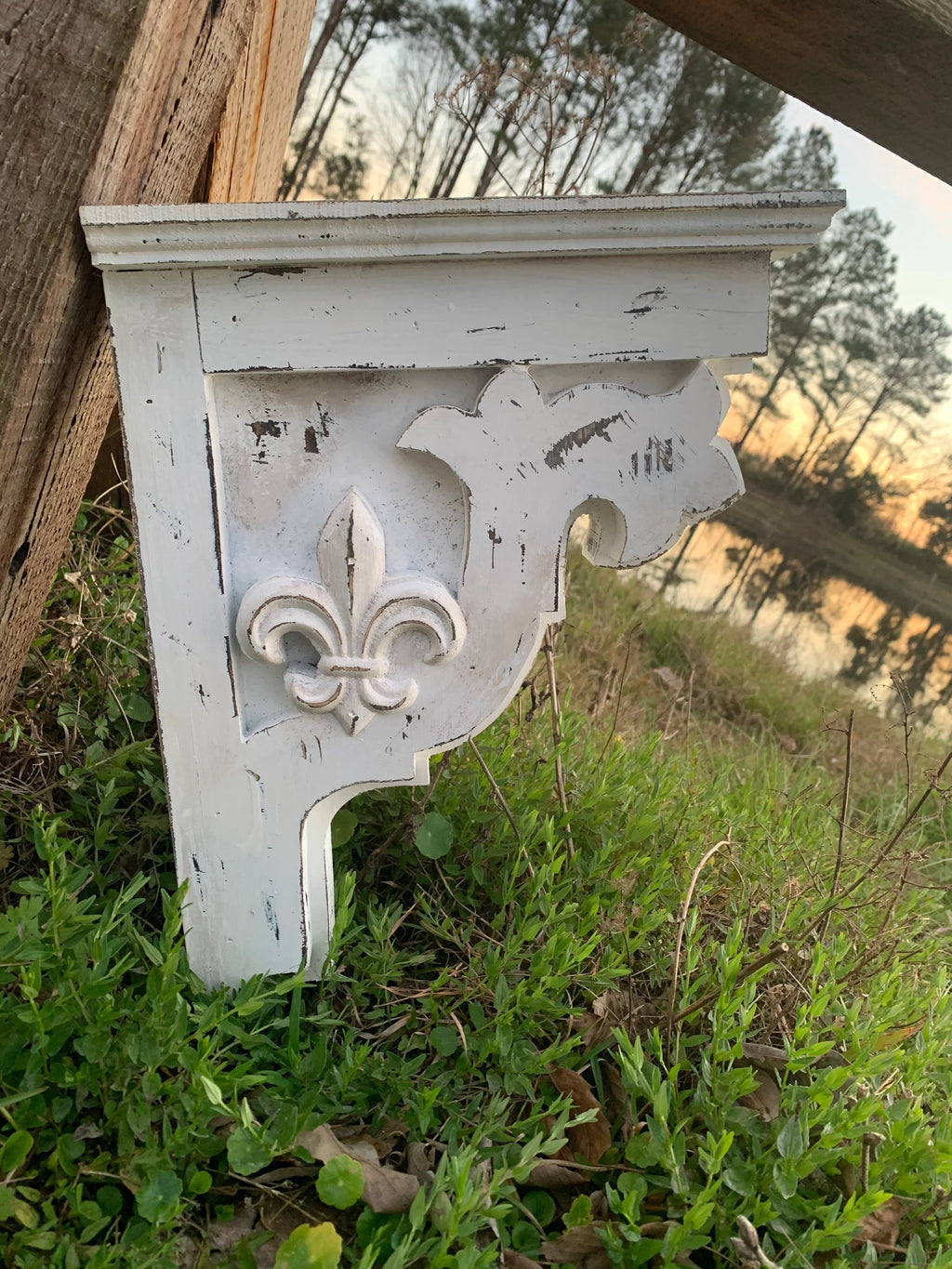 White distressed Fleur-de-Lis wood corbel – French country architectural bracket