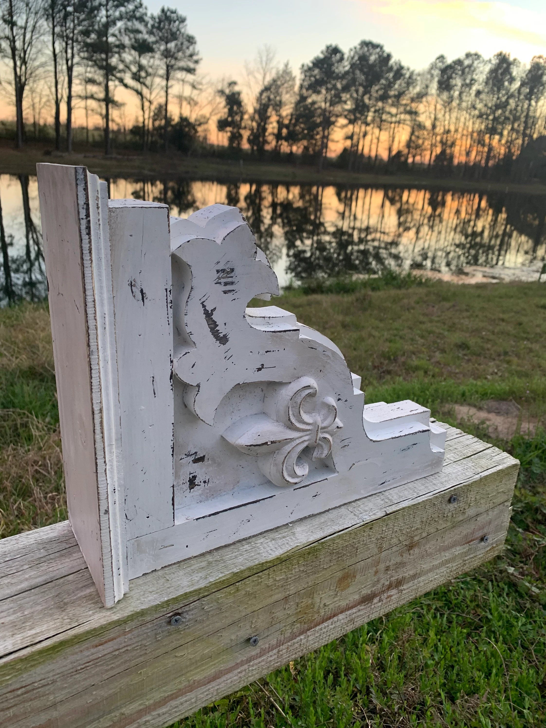 Distressed white wood corbel for shelves and mantels